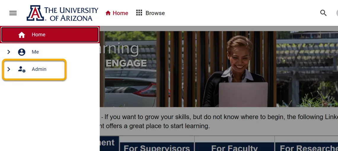 Image of the Admin navigation in EDGE Learning