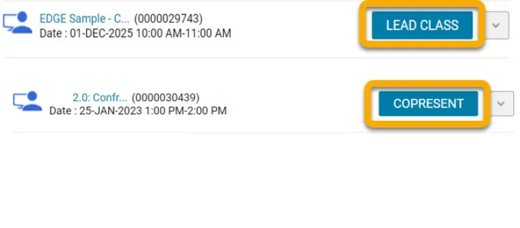 Screenshot of sample class in upcoming session. Lead class and copresent buttons are highlighted
